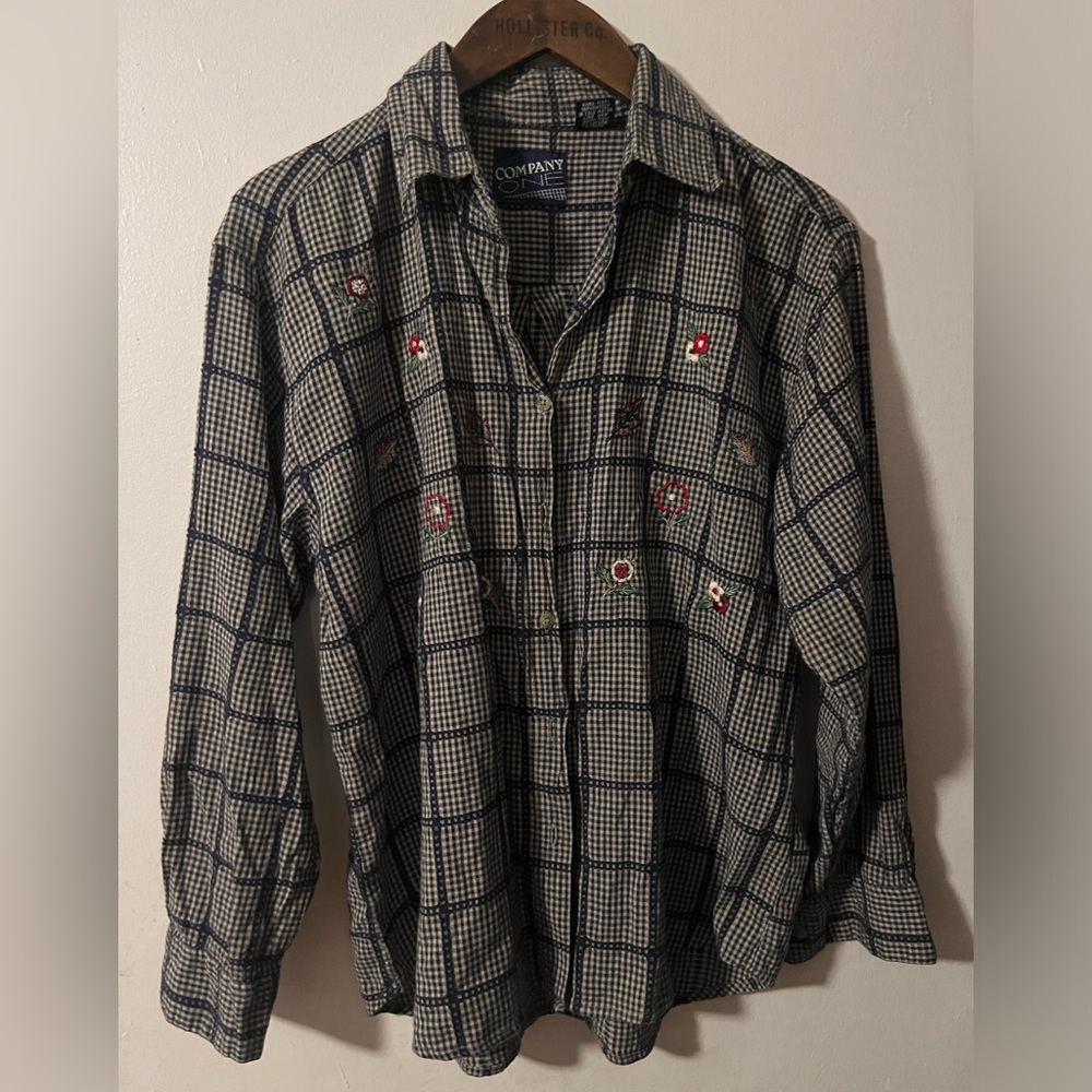 Company one Green and black plaid button-up shirt with floral embroidery